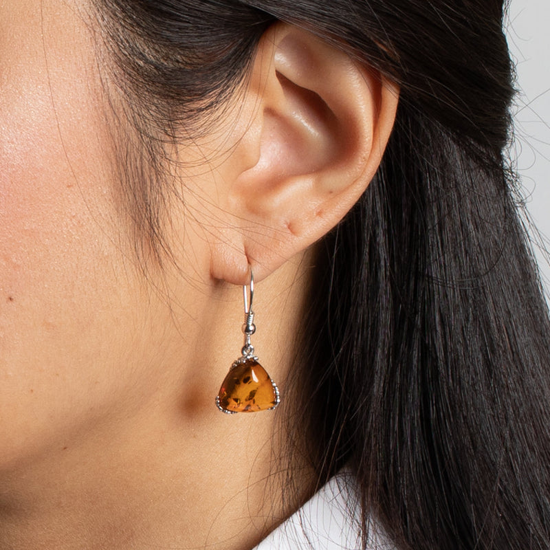 Baltic Amber Trillion Shape Fishhook Earrings in Sterling Silver model