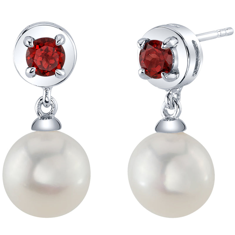 8mm Freshwater Cultured Pearl & Garnet Dangle Earrings in Sterling Silver