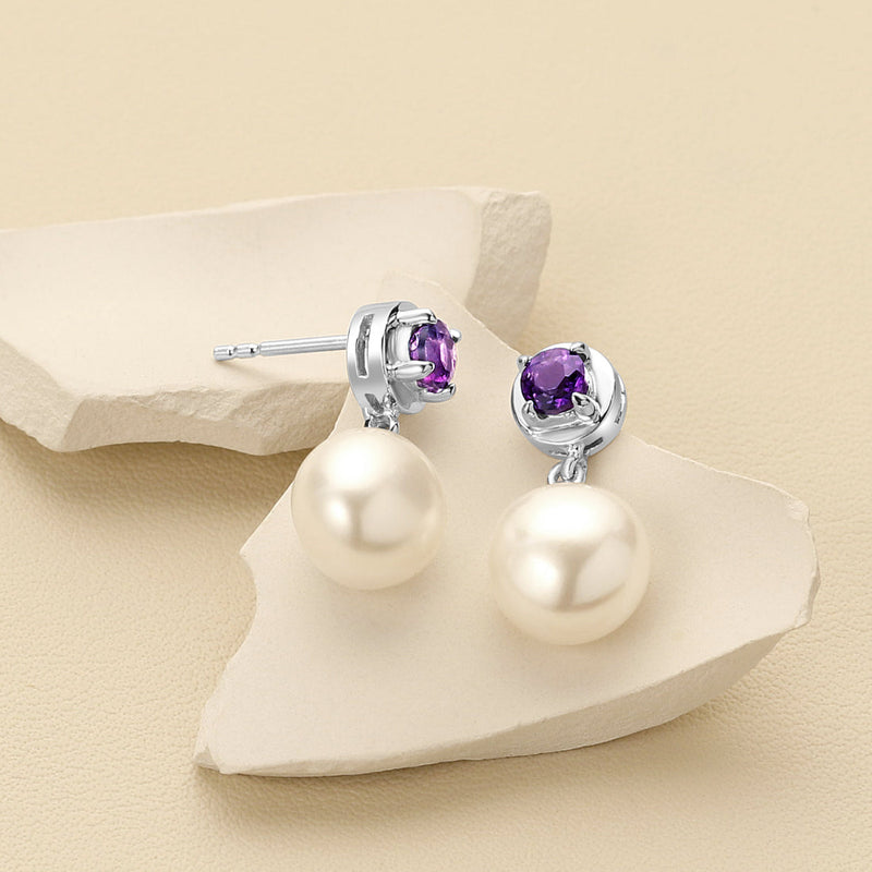 8mm Freshwater Cultured Pearl & Amethyst Dangle Earrings in Sterling Silver