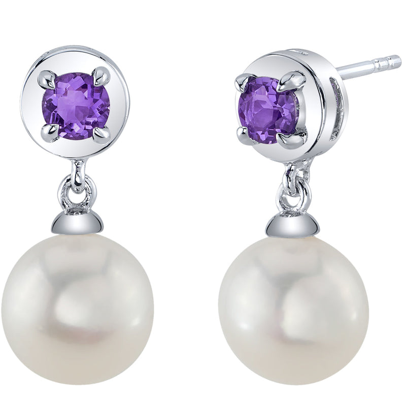 8mm Freshwater Cultured Pearl & Amethyst Dangle Earrings in Sterling Silver