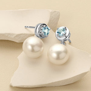 8mm Freshwater Cultured Pearl & Aquamarine Dangle Earrings in Sterling Silver+