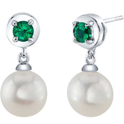 8mm Freshwater Cultured Pearl & Emerald Dangle Earrings in Sterling Silver