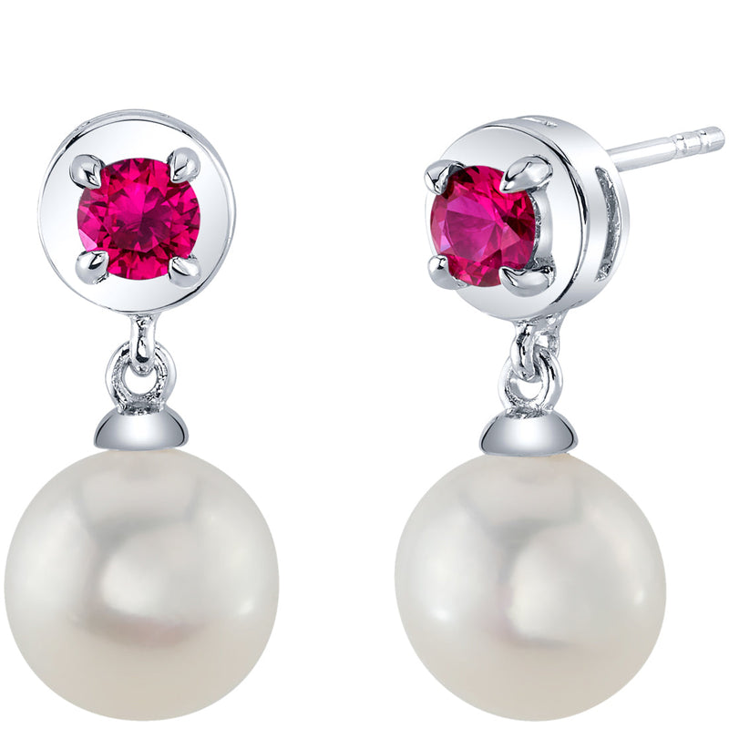 8mm Freshwater Cultured Pearl & Ruby Dangle Earrings in Sterling Silver