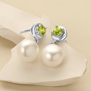 8mm Freshwater Cultured Pearl & Peridot Dangle Earrings in Sterling Silver