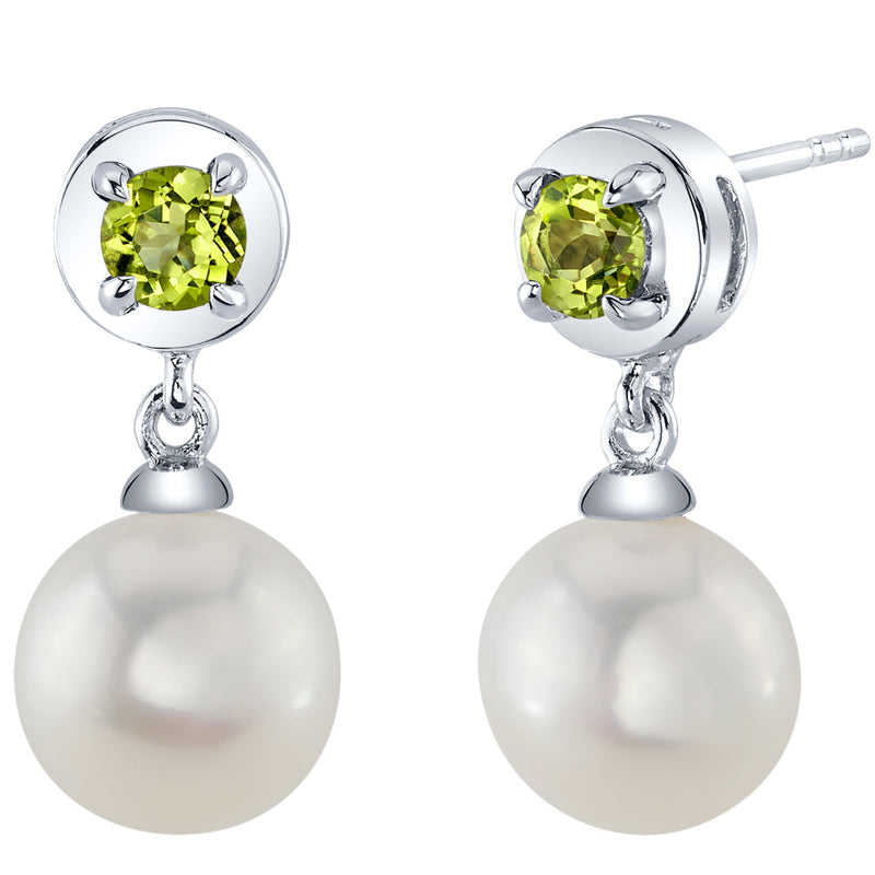 8mm Freshwater Cultured Pearl & Peridot Dangle Earrings in Sterling Silver