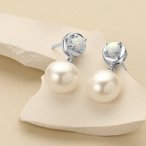 8mm Freshwater Cultured Pearl & White Opal Dangle Earrings in Sterling Silver