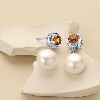 8mm Freshwater Cultured Pearl & Citrine Dangle Earrings in Sterling Silver