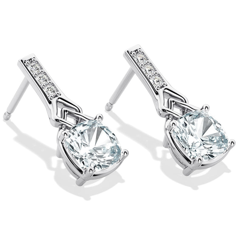 1.50 Carats Cushion Cut Aquamarine and Lab Grown Diamond Link Cathedral Drop Earrings in Sterling Silver