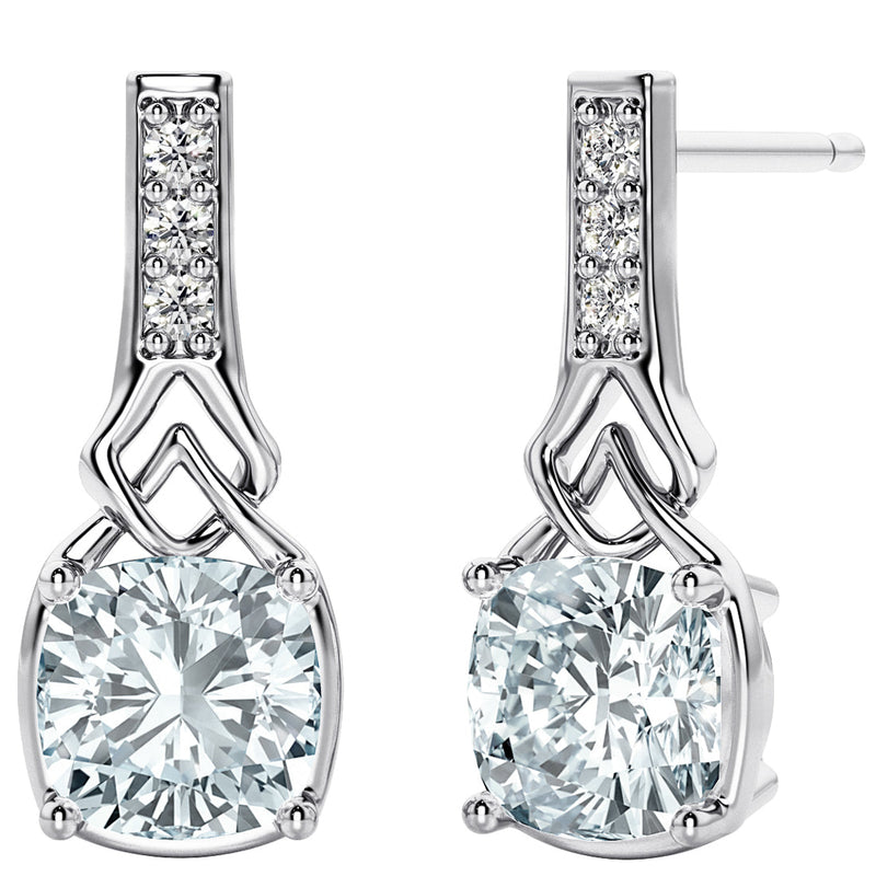 1.50 Carats Cushion Cut Aquamarine and Lab Grown Diamond Link Cathedral Drop Earrings in Sterling Silver