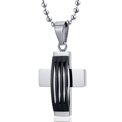 Steel Triple Stripe Black Enamel Finish Modern Cross Pendant SN10094