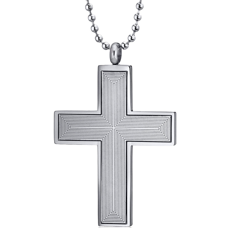 Engraved Line Pattern Stainless Steel Unisex Cross Pendant Necklace