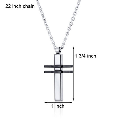 Two Black Stripe Polished Stainless Steel Cross Pendant With 22 inch Chain