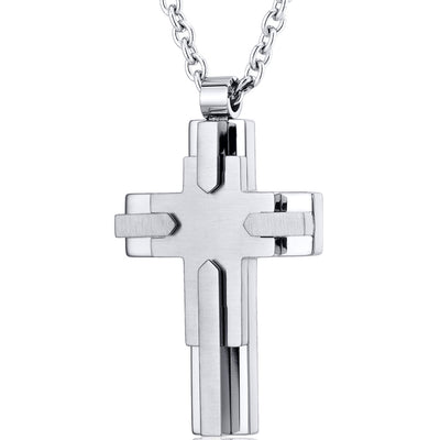 Multi-Layered Two Tone Stainless Steel Cross Pendant With 22 inch Chain