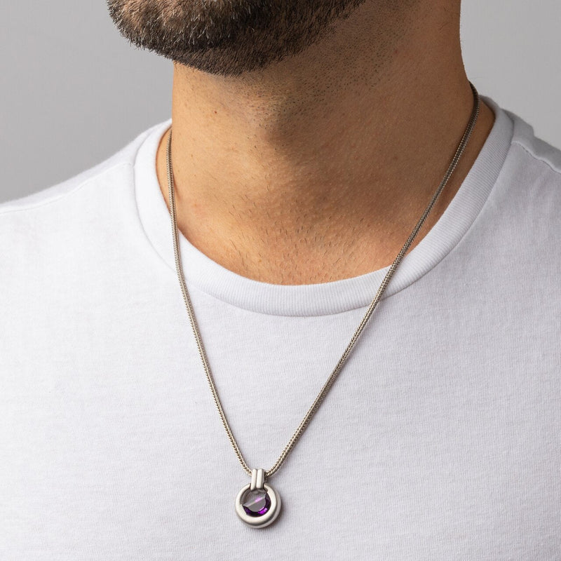 Half Moon Shape Amethyst Amulet Pendant Necklace for Men Sterling Silver 3 Carats