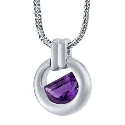 Half Moon Shape Amethyst Amulet Pendant Necklace for Men Sterling Silver 3 Carats