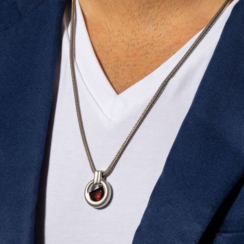 Half Moon Shape Garnet Amulet Pendant Necklace for Men Sterling Silver 4.50 Carats