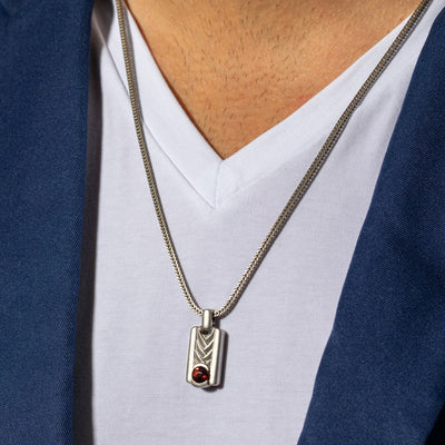 Garnet Chevron Pendant Necklace for Men Sterling Silver 1.25 Carats