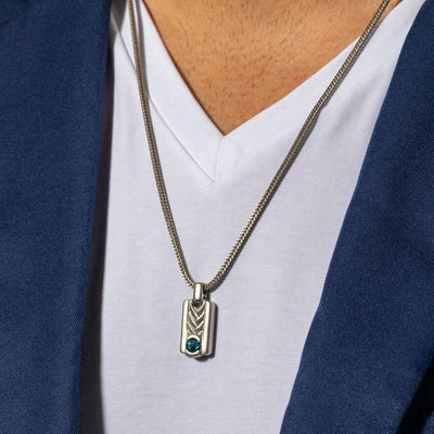 London Blue Topaz Chevron Pendant Necklace for Men Sterling Silver 1 Carat