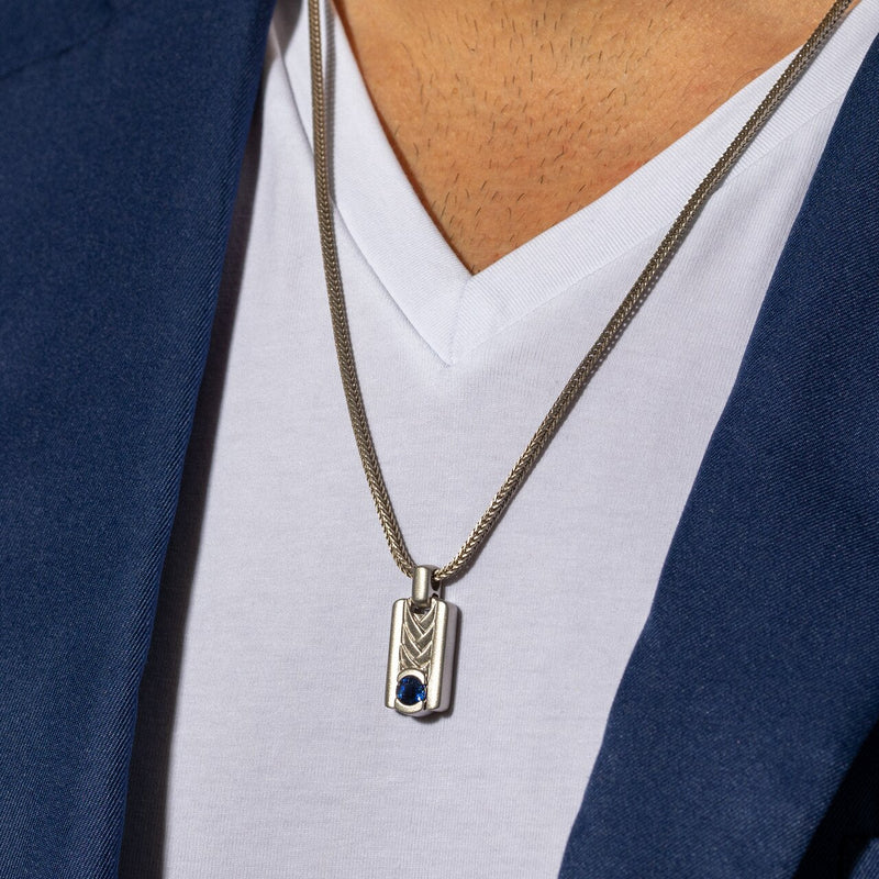 Blue Sapphire Chevron Pendant Necklace for Men Sterling Silver 1 Carat