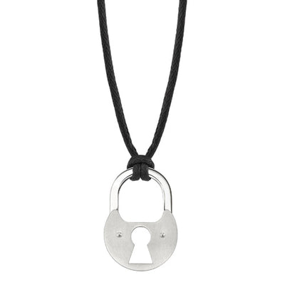 Stainless Steel Brushed Finish Padlock Pendant on a Black Cord