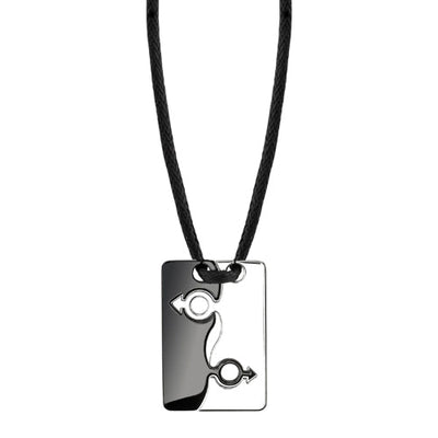 Stainless Steel Mars Symbol Puzzle Pendant on a Black Cord