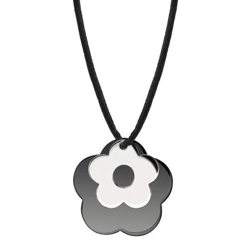 Stainless Steel Black Enamel Flower Pendant on a Black Cord