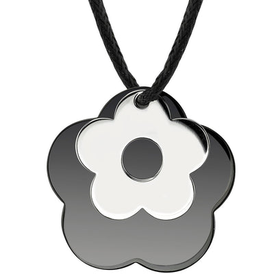 Stainless Steel Black Enamel Flower Pendant on a Black Cord