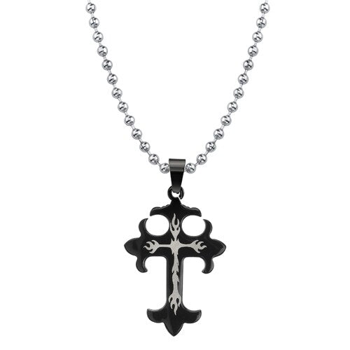 Steel Medieval Gothic Cross Pendant with Flame Tattoo Motif SN8078