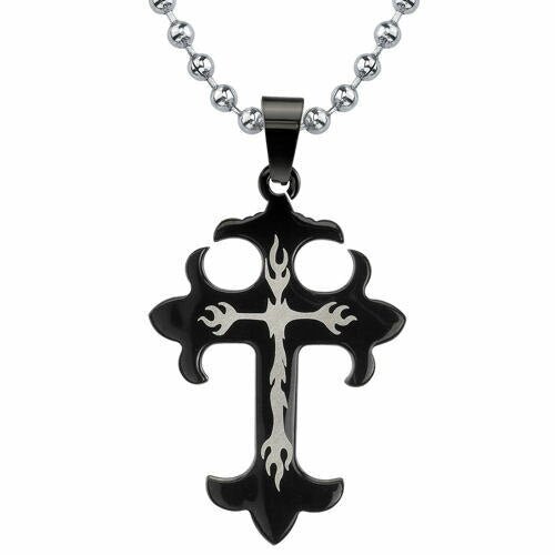 Steel Medieval Gothic Cross Pendant with Flame Tattoo Motif SN8078