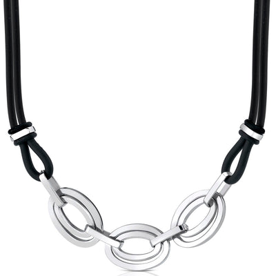 Stainless Steel Double Oval Link Rubber Cord Necklace