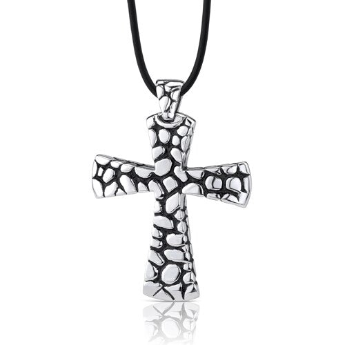 Steel Cobblestone Style Cross with Black Enamel Pendant