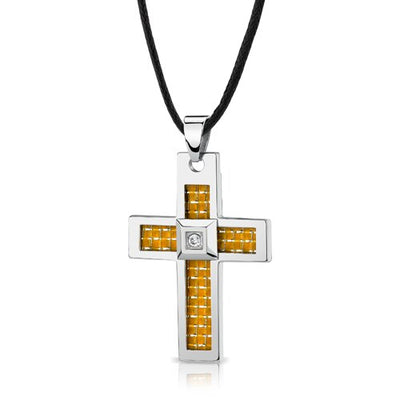 Steel Large Cross Pendant with Yellow-White Carbon Fiber inlay