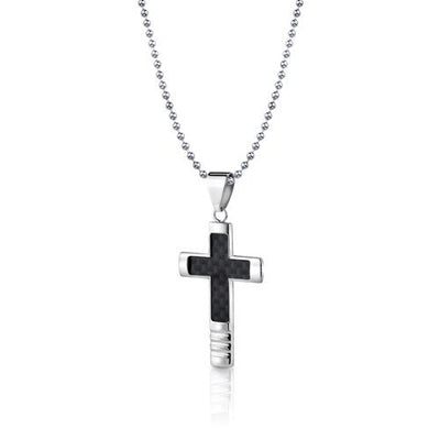 Steel Black Carbon Fiber Cross Pendant on a Steel Ball Chain