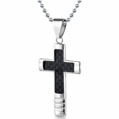 Steel Black Carbon Fiber Cross Pendant on a Steel Ball Chain