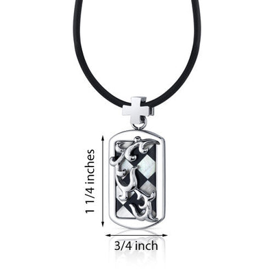 Stainless Steel Mother of Pearl and Onyx Dog Tag Pendant Necklace