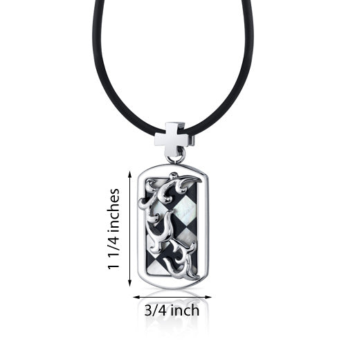 Stainless Steel Mother of Pearl and Onyx Dog Tag Pendant Necklace