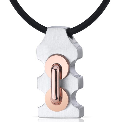 Steel Pendant with Handlebar Motif and Rose Gold on Black Cord SN9138