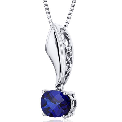 Blue Sapphire Pendant Necklace Sterling Silver Oval 1.75 Carat