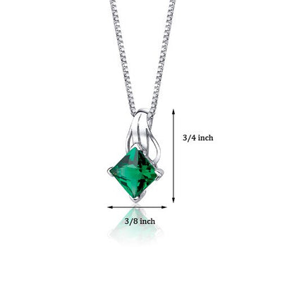 Emerald Pendant Necklace Sterling Silver Princess Cut 2 Carats