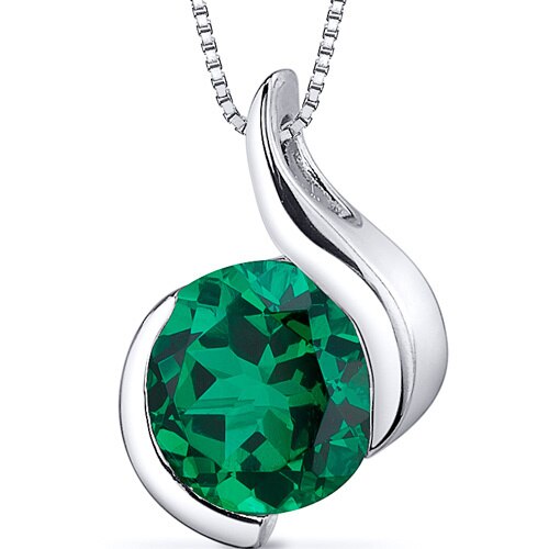 Emerald Pendant Necklace Sterling Silver Round 1.75 Carats