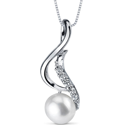 Freshwater Cultured 7mm White Pearl Wave Drop Pendant Necklace Sterling Silver