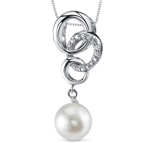 Freshwater Cultured 8.5mm White Pearl Trinity Pendant Necklace Sterling Silver