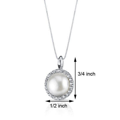 Freshwater Cultured 10mm White Pearl Empress Halo Pendant Necklace Sterling Silver