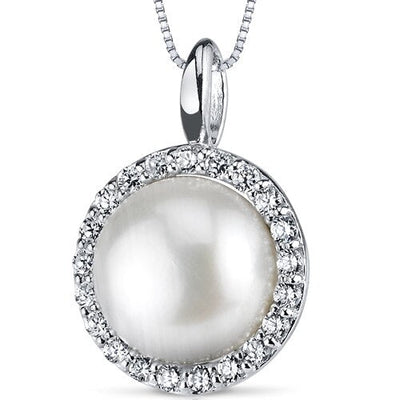 Freshwater Cultured 10mm White Pearl Empress Halo Pendant Necklace Sterling Silver