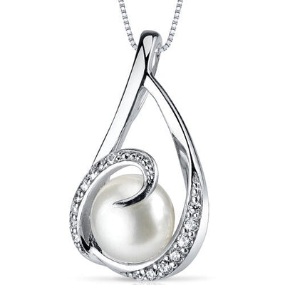 Freshwater Cultured 8mm White Pearl Swirl Teardrop Pendant Necklace Sterling Silver