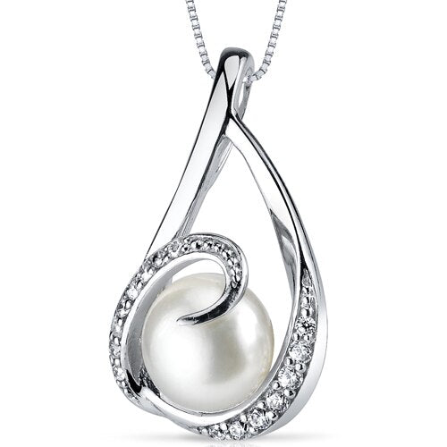 Freshwater Cultured 8mm White Pearl Swirl Teardrop Pendant Necklace Sterling Silver