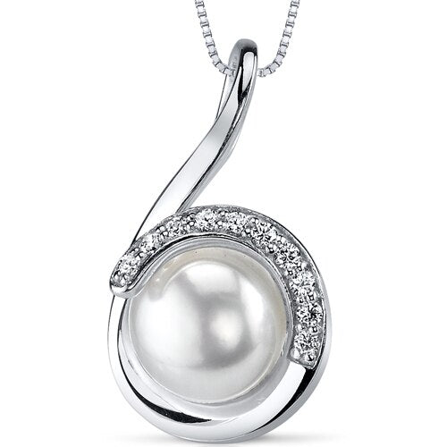 Freshwater Cultured 9.5mm White Pearl Scroll Pendant Necklace Sterling Silver