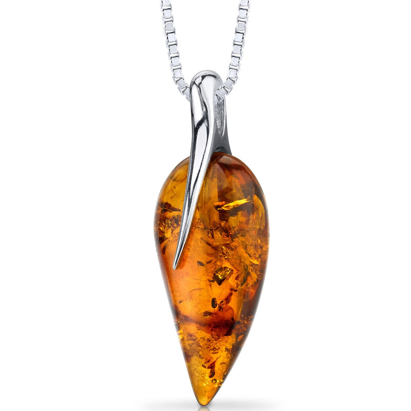 Baltic Amber Leaf Pendant Necklace Sterling Silver Cognac