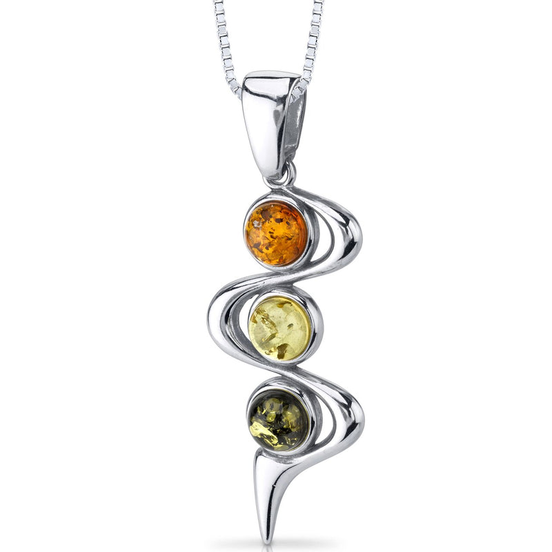 Three Stone Baltic Amber Pendant Sterling Silver Green Honey Cognac