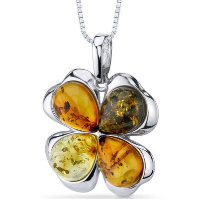 Baltic Amber Clover Pendant Sterling Silver Honey Olive Cognac